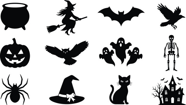 Black halloween icons set featuring cauldron witch bat crow pumpkin owl ghosts and cat