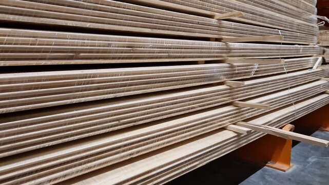 Wooden lining made of softwood in bundles. A stack of wooden panels (lining) made of natural softwood, packed in transparent film. Building materials for finishing walls and ceilings in a warehouse