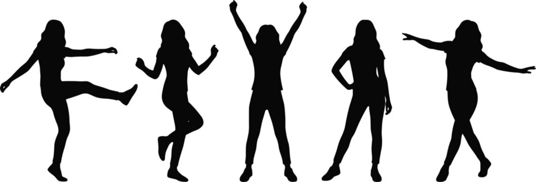 Collection of woman silhouettes posing and dancing isolated on plain white background set