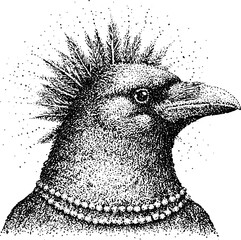 Obraz premium Raven profile with spiky crest and pearl necklace
