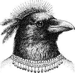 Obraz premium Crow head wearing beaded necklace in white background