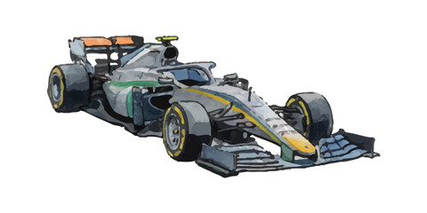 Naklejka premium Dynamic watercolor illustration of a high-speed Formula 1 racing car. This sleek, artistic design captures the thrill of motorsport, perfect for sports blogs, editorial projects, and racing enthusiast