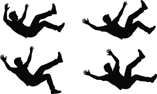Four falling man silhouettes isolated on white backdrop showing different body postures
