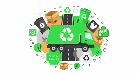 Fototapeta premium Recycling and Waste Management Flat Illustration Featuring a Green Garbage Truck, Sorting Center, Trash Bins, and Cardboard Boxes for Sustainability Concepts