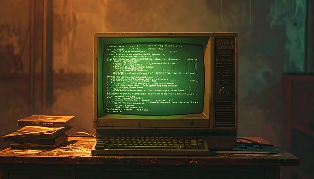Vintage Desktop Computer Displaying Green Code Screen on Dusty Desk in Dim Retro Room