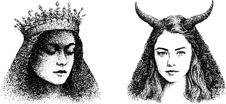 Two female portraits wearing crowns and horns on white background