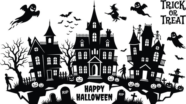 Halloween landscape silhouette with haunted houses ghosts and cemetery under spooky night sky