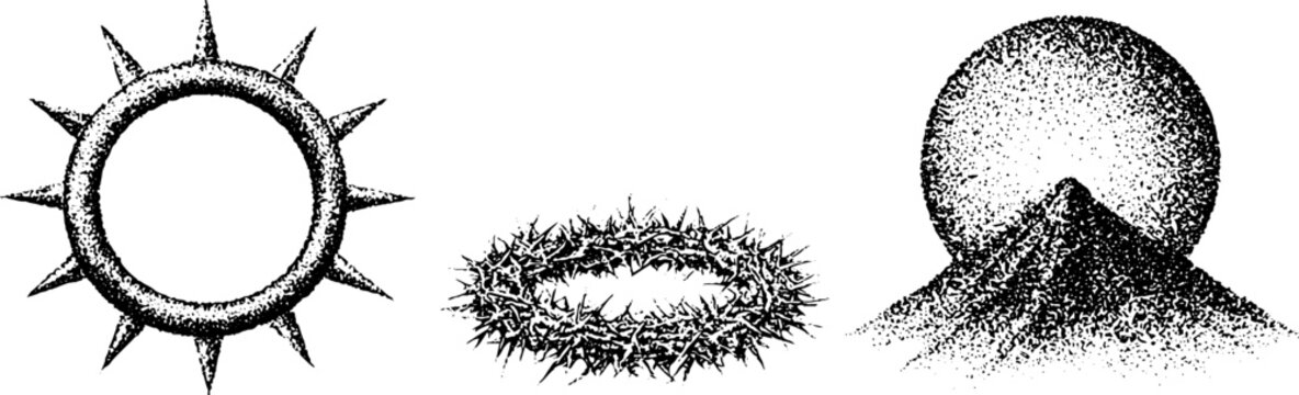 Three symbolic sun crown and mountain aligned on white background