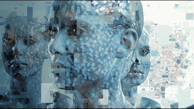 Digital Human Faces with Glitch Effect Representing Artificial Intelligence and Data Processing.