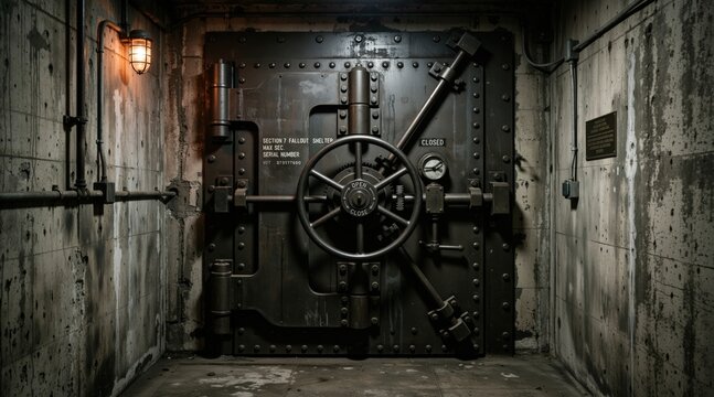 Steel fallout shelter door in an underground bunker. Massive metal vault door with wheel handle in a concrete corridor. Survival and security concept