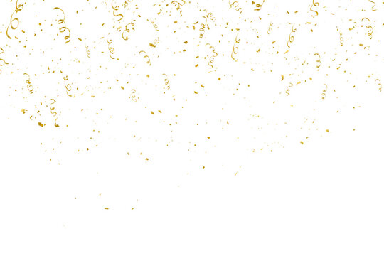 Golden confetti falling down isolated on transparent background. Realistic 3D metallic foil pieces for grand opening events, birthday celebrations, and premium holiday banners PNG.