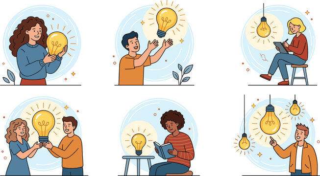Creative idea generation people collection with glowing light bulbs innovation brainstorming learning and inspiration concept illustrations