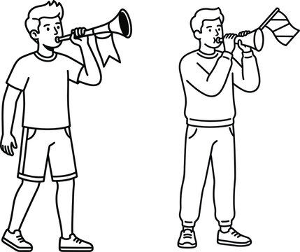 Vector line art illustration of young male sports fans blowing horns and celebrating (13 words)