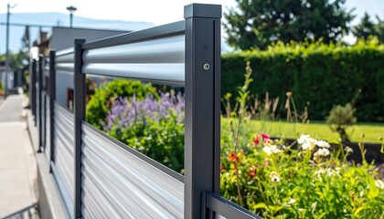 Fototapeta premium Modern Metal Garden Fence Running Along Sunny Residential Yard