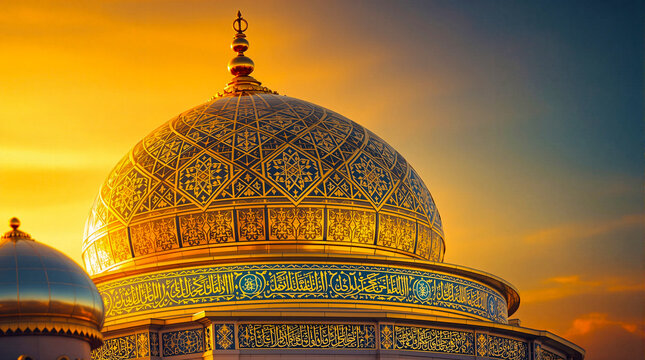 Golden dome of a mosque at sunset