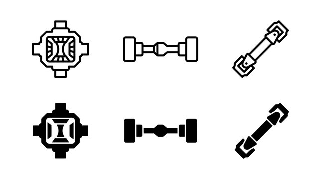Automotive differential and axle mechanical component icon set in line and solid styles with differential, mechanical