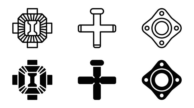 Mechanical components and automotive parts icon set in flat and outline style with differential mechanical automotive