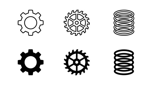 Set of engineering gear icons and coiled metal spring in flat and outline design with mechanical industry engineering