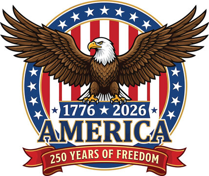 American eagle emblem for 250th anniversary celebration with stars and stripes shield vector illustration for patriotic events