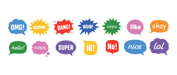 Speech bubble messages, chat bubbles with words like OMG, BOOM, BANG, WOW, OOPS, LIKE, HI. © MehediHasan