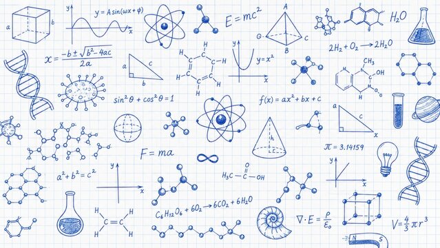 Science Mathematics Physics Chemistry Doodle Sketches On Notebook