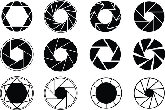 Camera shutter aperture icons, lens diaphragms elements for photography logo design, digital video content, isolated black signs on white background