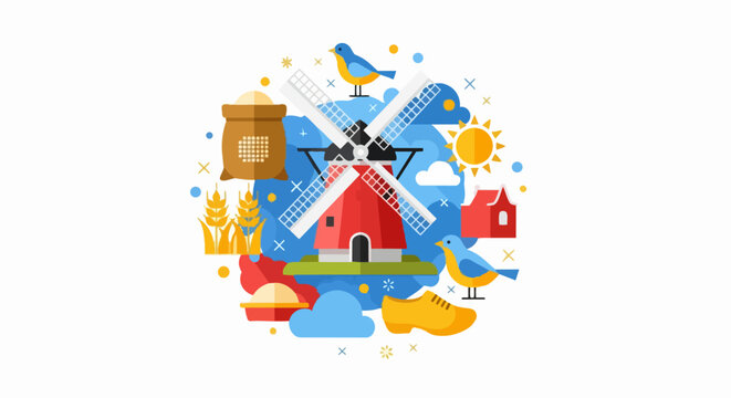 Netherlands Cultural Heritage and Tourism Vector Illustration with Dutch Windmill, Wheat, and Traditional Clogs