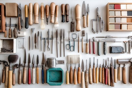 Bookbinding Tools Neatly Arranged in Craftsmanship Workspace