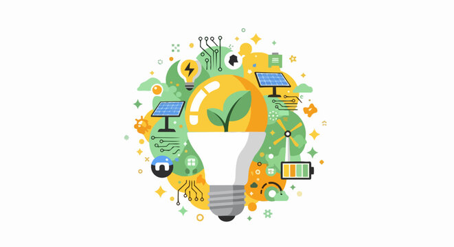 Sustainable Green Energy and Eco-Friendly Innovation Concept Illustration with LED Lightbulb, Solar Panels, Wind Turbine, and Battery Icons on White Background