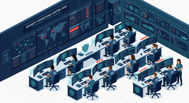 Cybersecurity Team and Security Operations Center SOC Isometric Flat Vector, IT Security Professionals Monitoring Concept