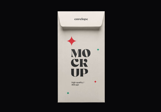 Top view of a vertical white paper envelope mockup with closed flap isolated on a solid black background
