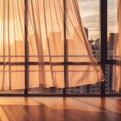 Obraz premium Sheer curtains blowing in the wind in front of a large window overlooking a city skyline at sunset