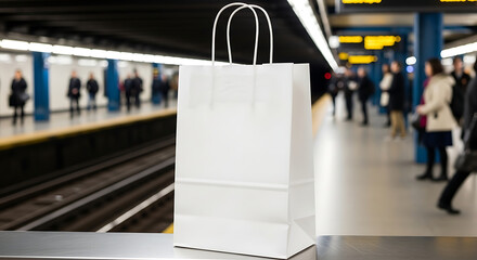 Fototapeta premium Empty white paper shopping bag in a subway station with shopping commuter purchase consumer lifestyle platform transport container carrying branding