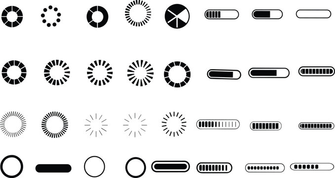 Loading bar icons, progress indicator symbols, buffering download spinners, website preloader interface graphic elements on white background