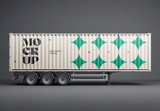 Side view of a large white intermodal shipping cargo container trailer mockup isolated against a solid gray studio background