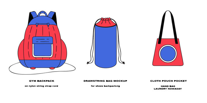 Sport sacks. Realistic gym backpack on nylon string strap cord, isolated drawstring bag mockup for shoes backpacking, cloth pouch pocket handbag laundry nowaday vector illustration. icon