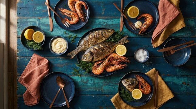 Delicious seafood platter with grilled fish and prawns served on a rustic blue table