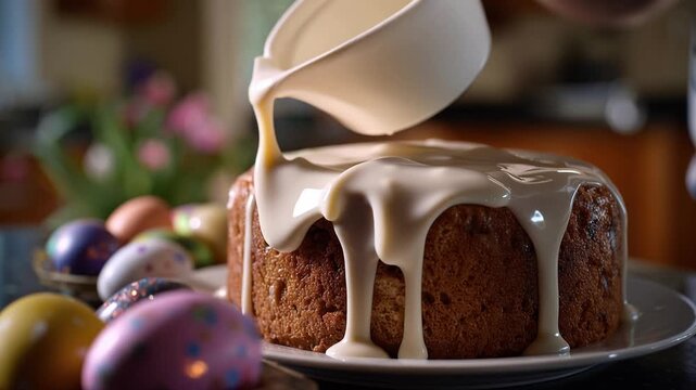 Deliciously Decorated Cake with Creamy Icing and Colorful Easter Eggs, Capturing the Joy of Festive Celebrations in a Homey Kitchen Environment