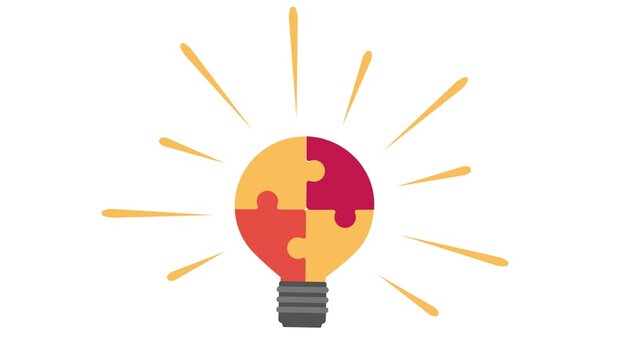 Hand placing final puzzle piece into light bulb, innovation and problem solving concept, 2D animation on white background