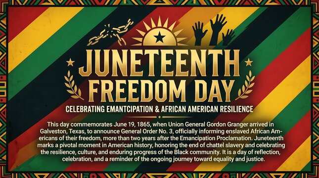 Juneteenth Freedom Day banner, celebrating emancipation and African American resilience, Pan-African colors background with broken chains and rising sun