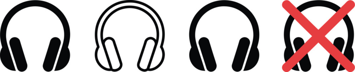 Headphone, icons set, audio device symbols including normal and no sound prohibition signs for music listening restriction and media control design. © Eva Elrod