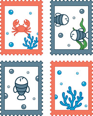 Obraz premium Funny red crab postal stamp pack including exotic sea fish graphics and frames. Marine philately collection of decorative stamps displaying bright beach crabs and wildlife.