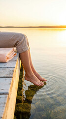 Obraz premium Woman sitting on wooden dock with feet in water at sunset. Country holiday at lake. Relaxation during summer vacation. Peaceful lifestyle outdoors near river during evening golden hour.