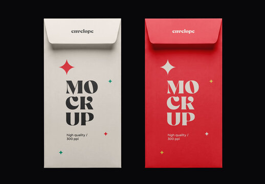 Top view of two vertical paper envelope mockups in white and red colors with closed flaps isolated on a solid black background