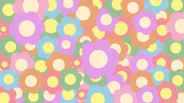 4k footage animation of Hippy groovy daisy flowers popped rotate. pastel color vintage style,  decorative elements. 60s, 70s, icon flower, pastel colors, kids cute decor. Flat cartoon illustration.