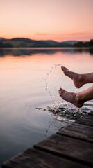 Obraz premium Woman splashing feet in lake water from wooden pier at sunset. Vacation lifestyle, relaxation and freedom concept. Enjoying summer country holiday by water in evening scenery.