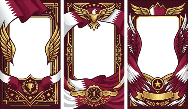 Set of three vertical decorative frames with qatar flag elements, golden wings, and victory symbols