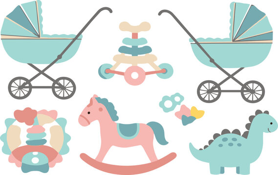 Cute baby toy collection vector illustration featuring stroller tricycle rocking horse dinosaur rattle and pastel nursery cartoon elements