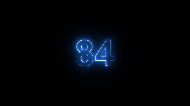 Animation of glowing neon cyan color number text animation . cyan , neon number 84 .neon color, neon lighting,84 percentage discount animated- 4k black background animation video