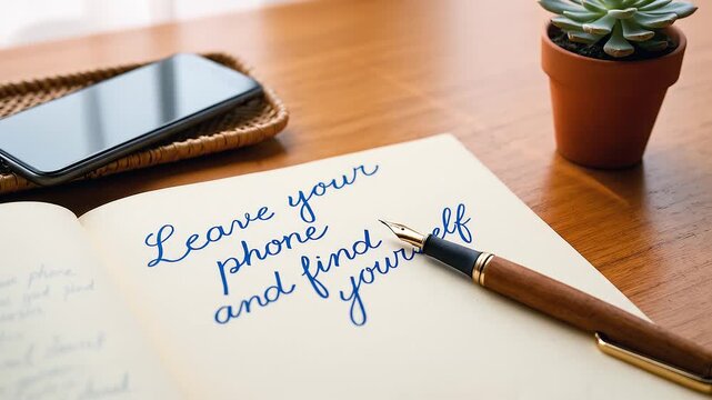 Digital detox concept with an open journal on a wooden desk displays the handwritten message, Leave your phone and find yourself. A classic fountain-pen rests on a page, beside a smartphone in a tray